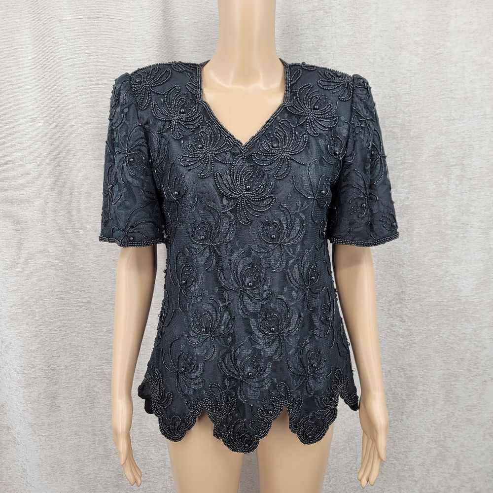 Laurence Kazar Vintage Mesh Lace Black Beaded Blouse 80s Scalloped Hem